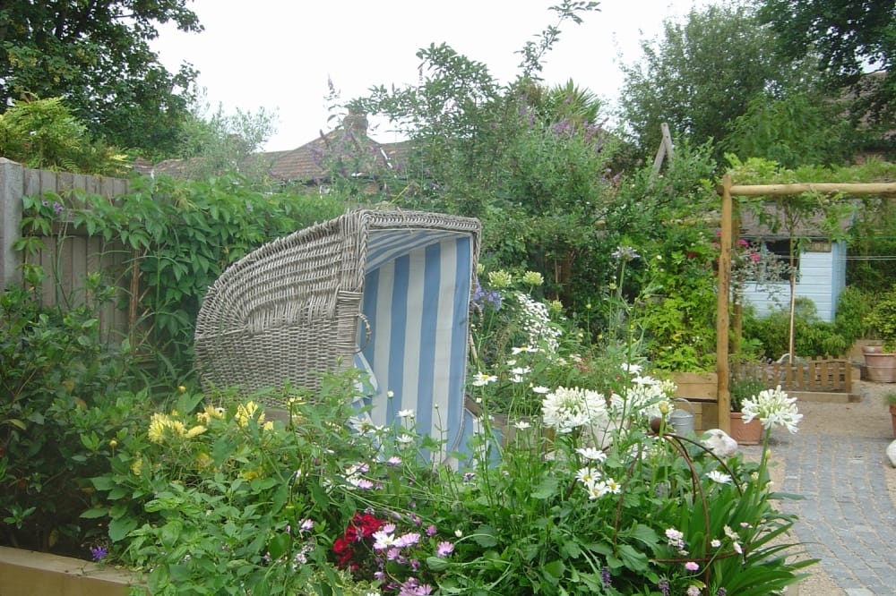 Flowering garden borders beside a curved timber shed. Richmond Garden Design.
